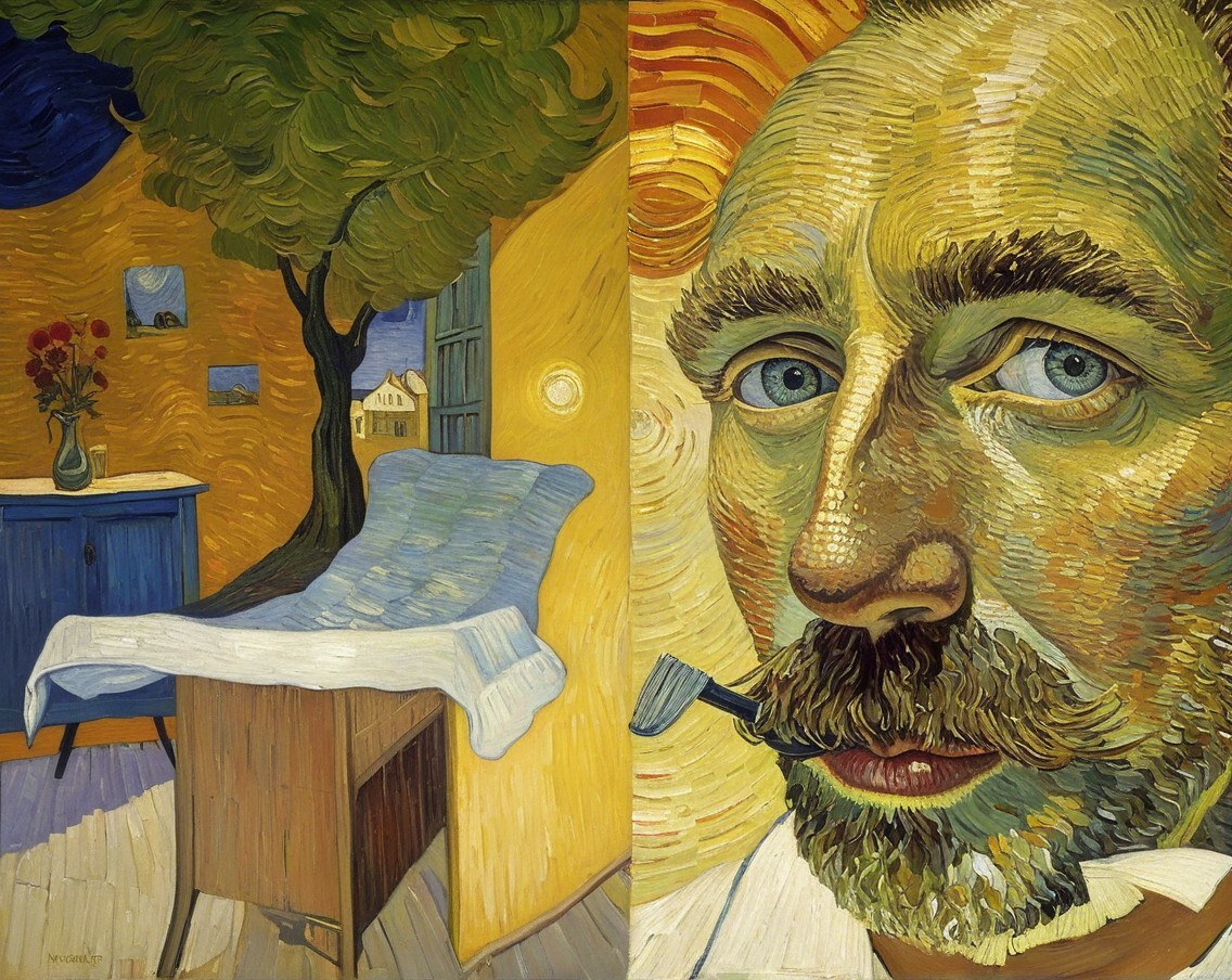 Vibrant Interior and Intense Self-Portrait Description