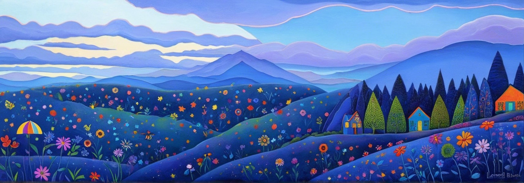 Vibrant Landscape with Colorful Flowers and Houses