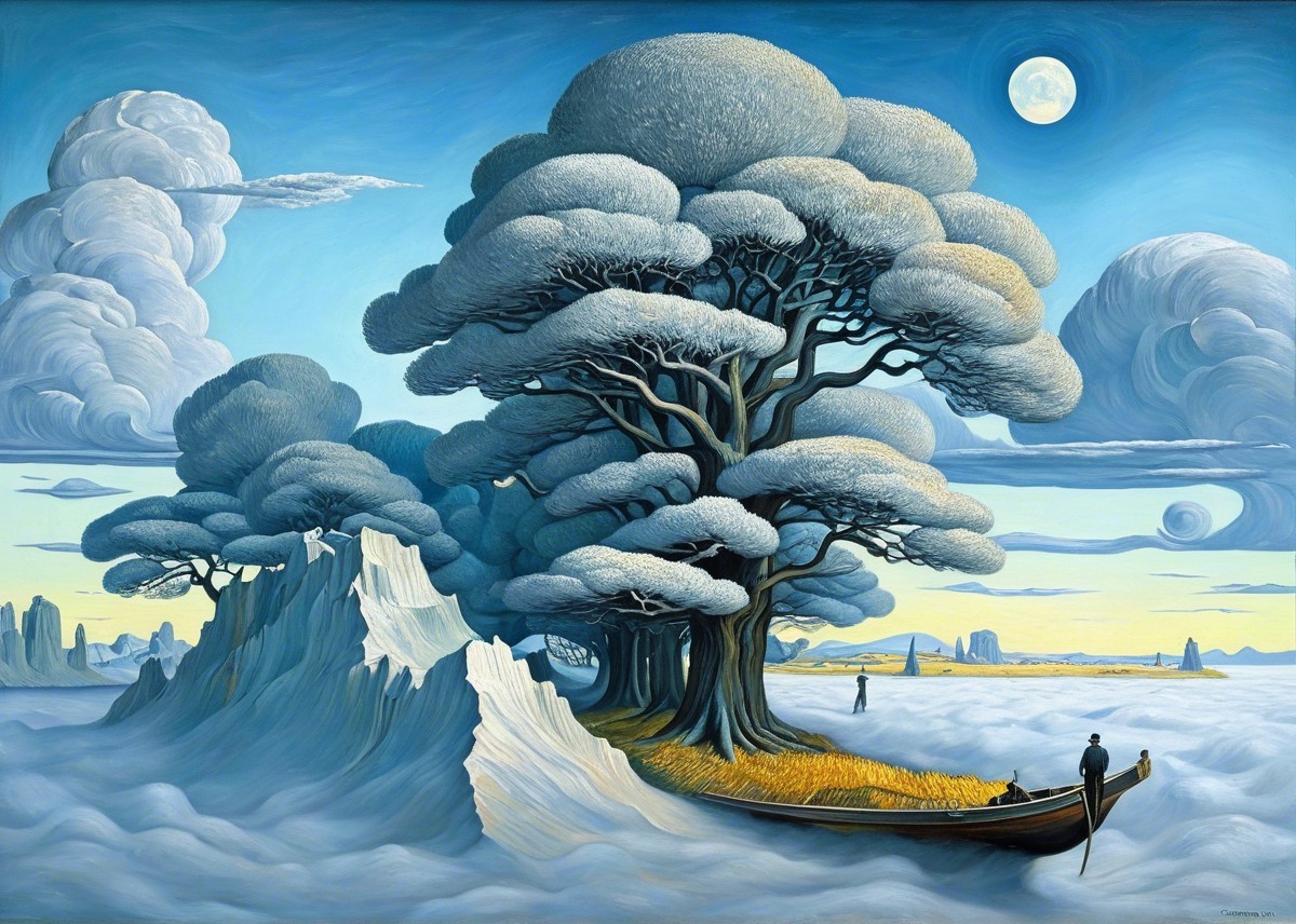 Surreal Landscape with Trees, Moon, and Water Scene