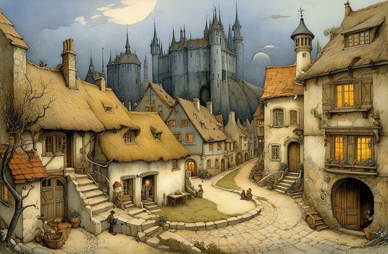 Medieval Village Scene with Cottages and Castles
