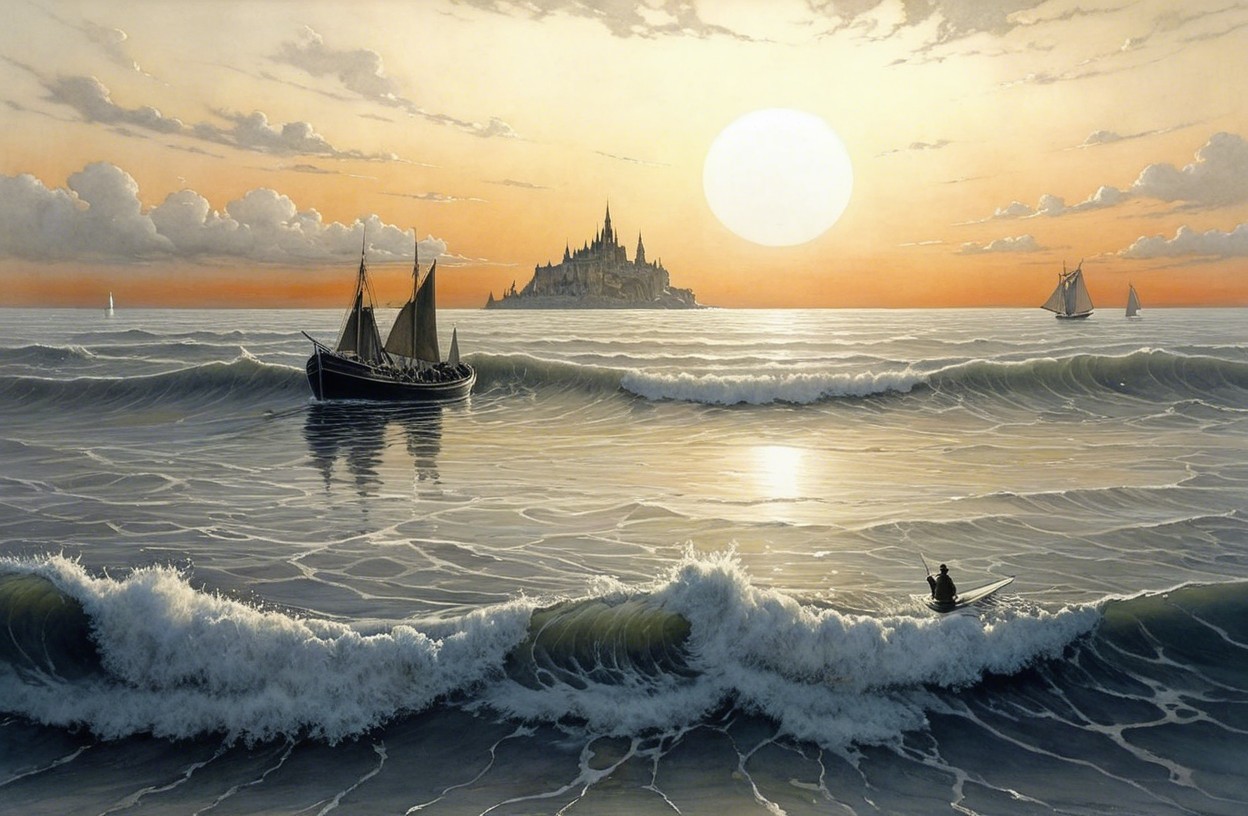 Tranquil Sunset Seascape with Kayaker and Sailboats