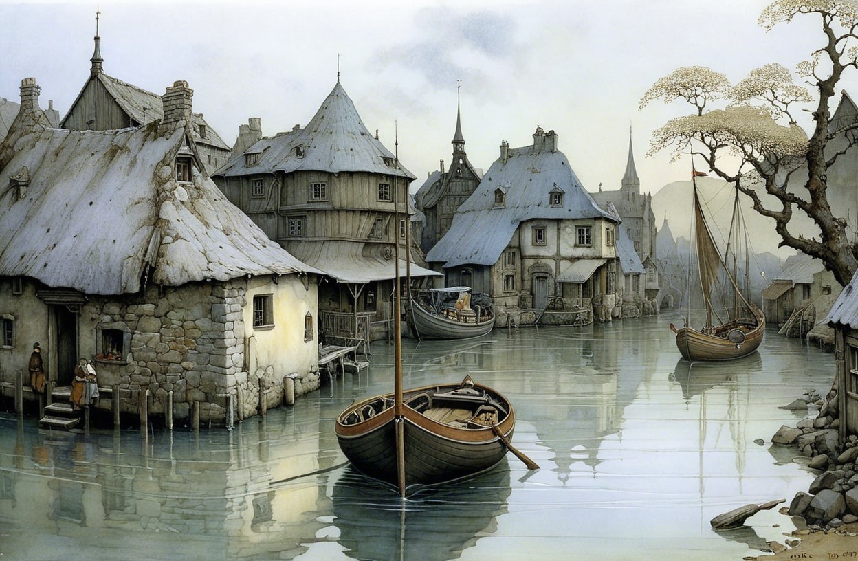 Waterside Village with Quaint Houses and Calm Waters