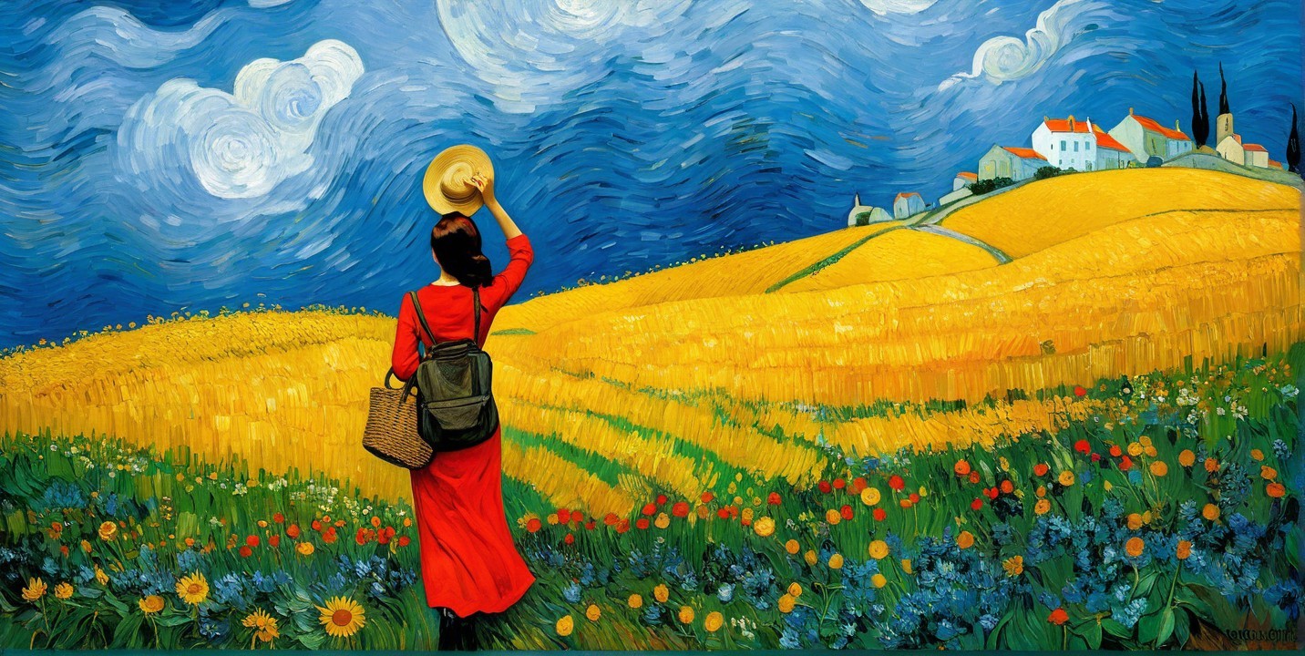 Woman in Red Dress in Vibrant Wheat Field Landscape