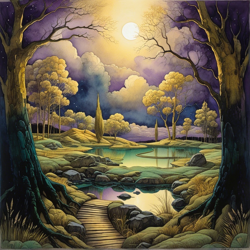 Twilight Landscape with Full Moon and Tranquil Pond
