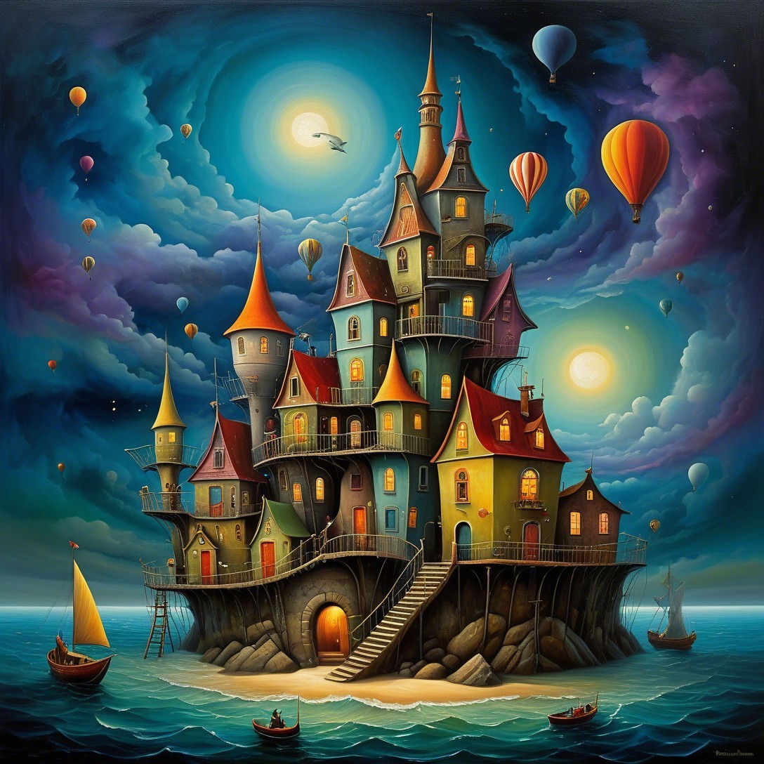 Whimsical Castle on Rocky Shore with Colorful Towers
