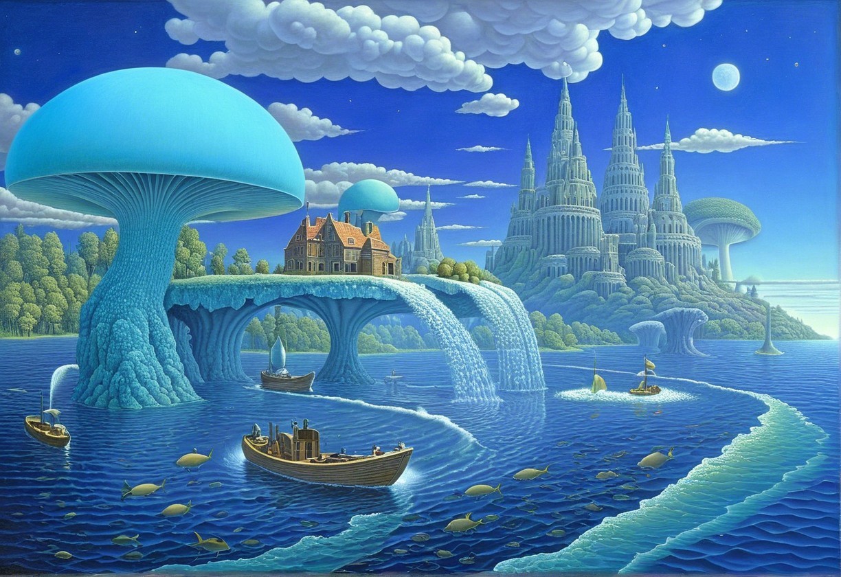 Surreal landscape with blue mushrooms and a castle
