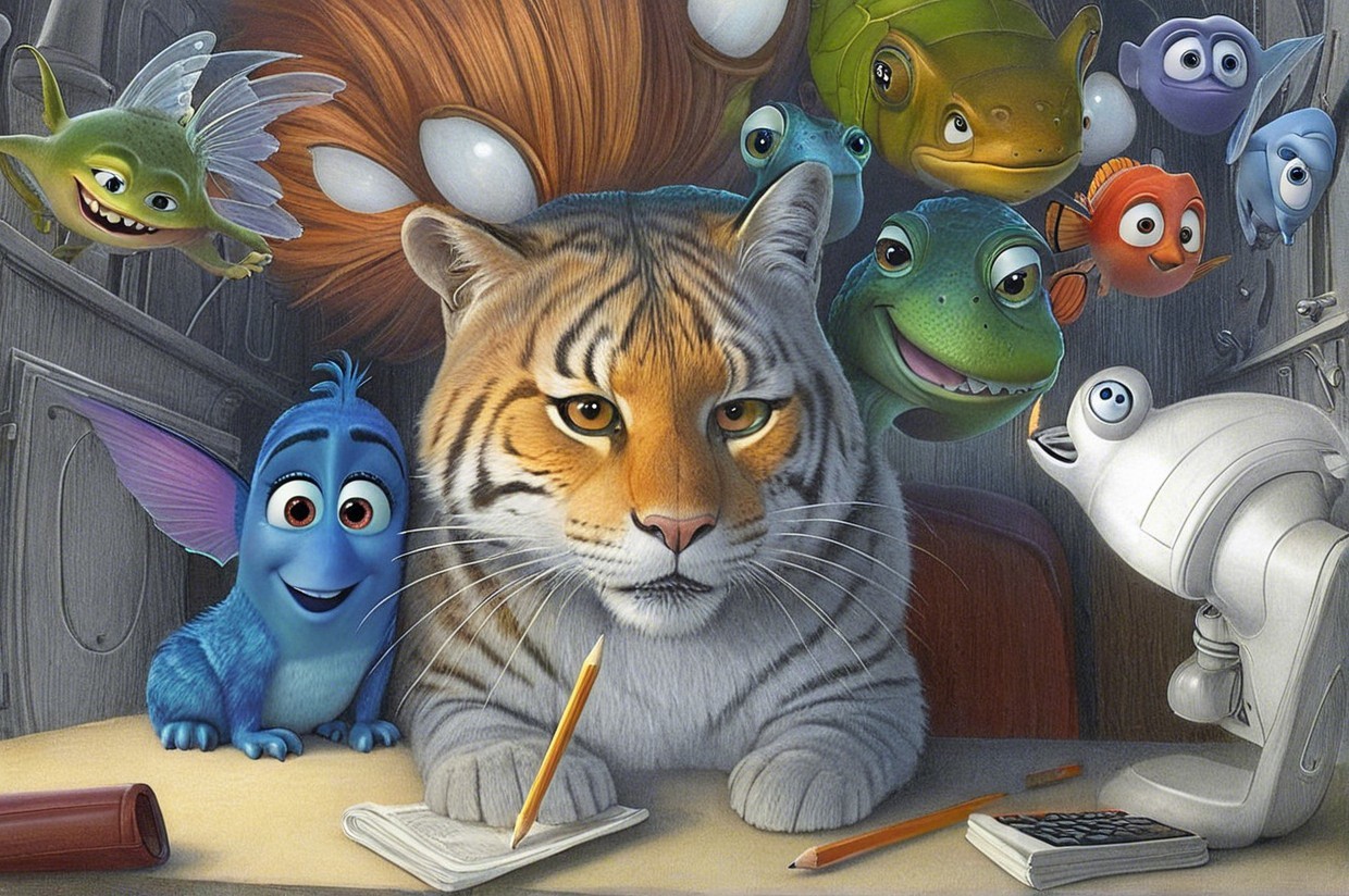 Wise Tiger at Desk with Colorful Animated Creatures