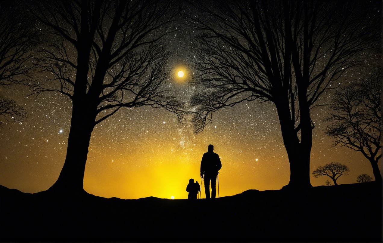 Couple Silhouetted Under Twilight Sky and Stars