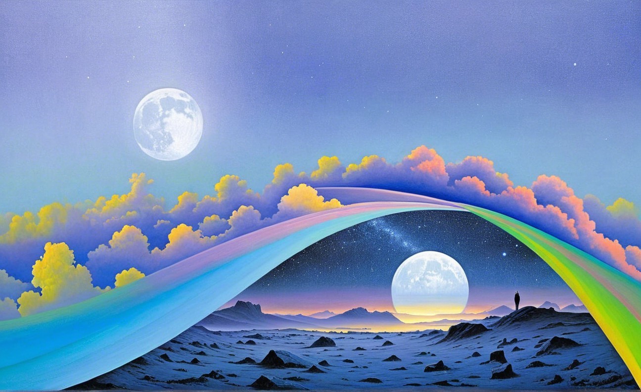 Surreal Landscape with Two Moons and Rainbow Arch