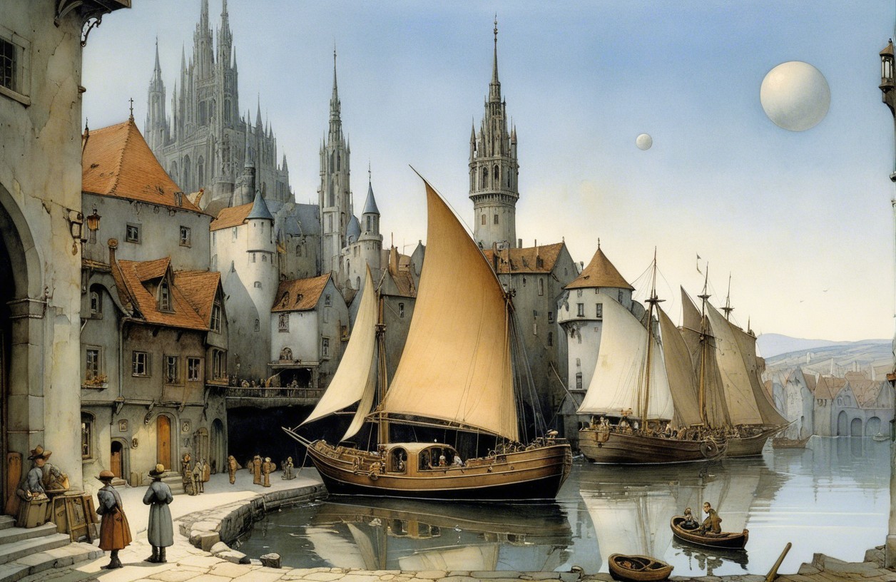 Waterfront Village with Historic Architecture and Sailboats