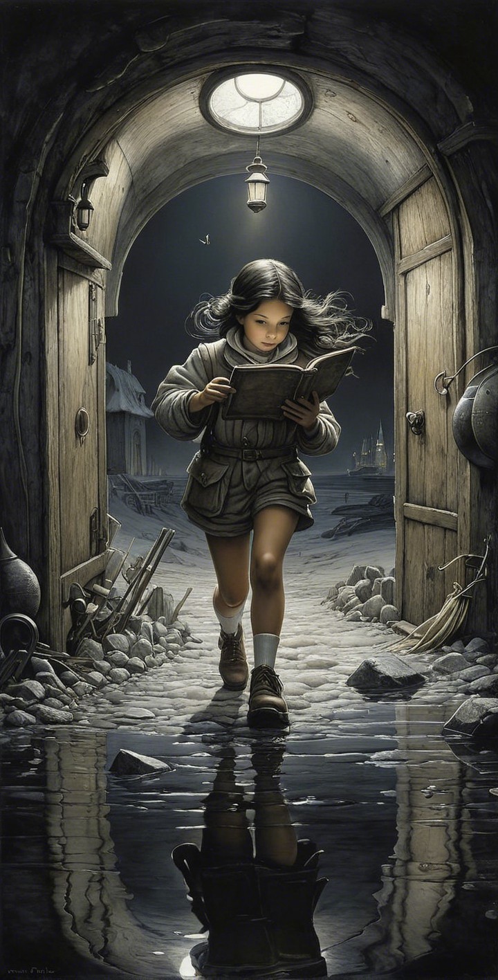 Young girl with book in magical archway setting