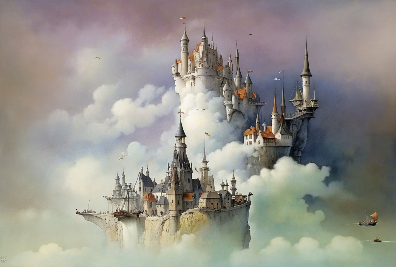 Ethereal Fantasy Landscape with Floating Castle Complex