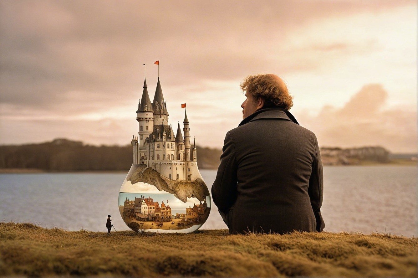 Surreal Landscape with Transparent Castle in Water