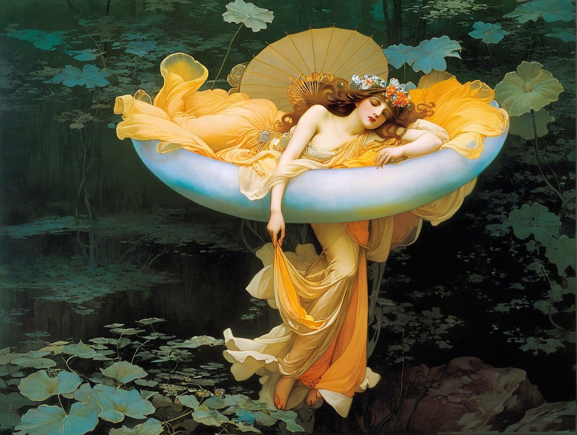 Woman Reclined in Flower Surrounded by Greenery