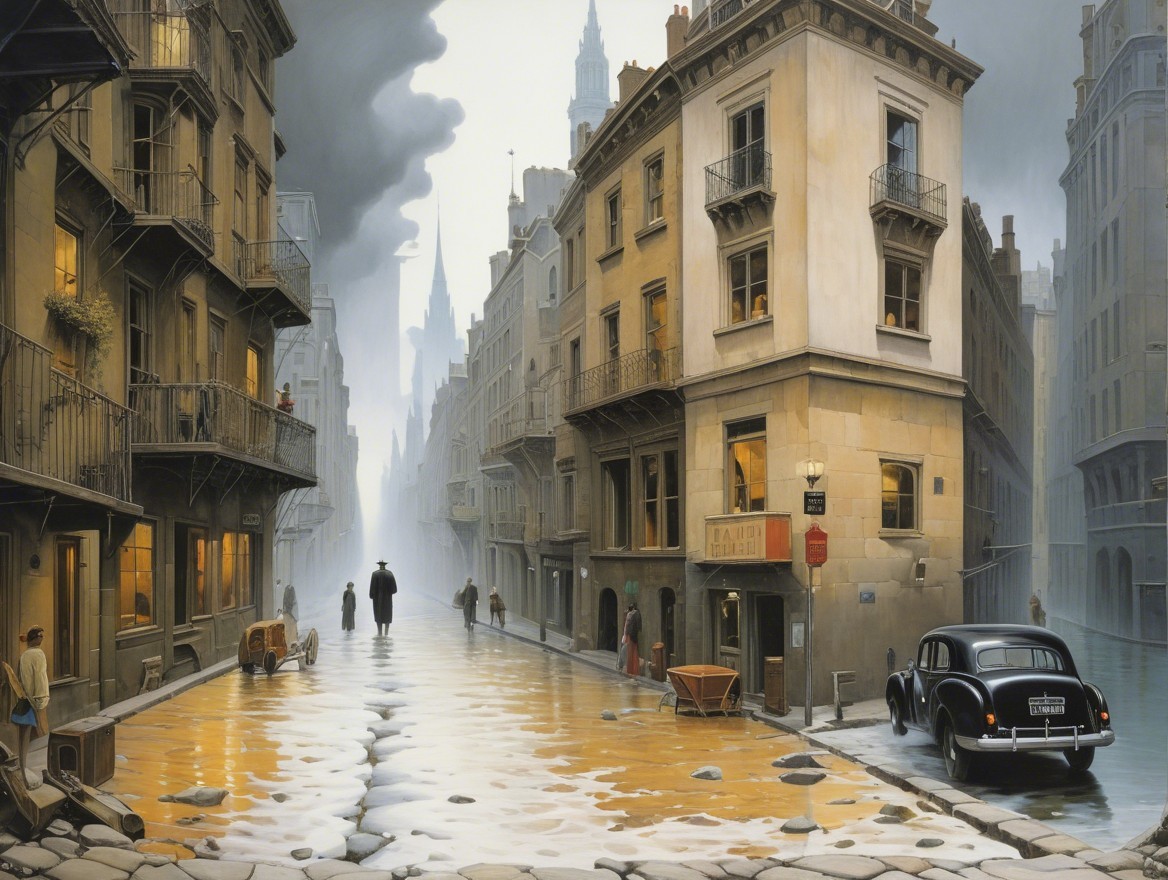 Vintage City Street with Cobblestone Paths and Fog
