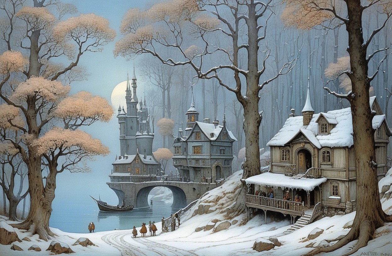 Serene Winter Landscape with Castle and Snowy Trees