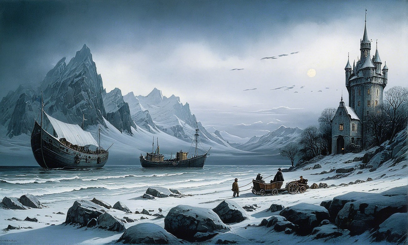 Winter Landscape with Ships, Mountains, and Castle