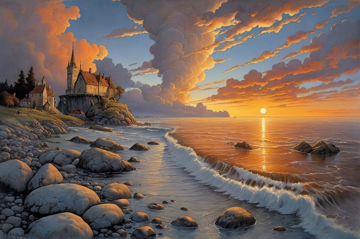 Serene Seascape at Sunset with Coastal Castle