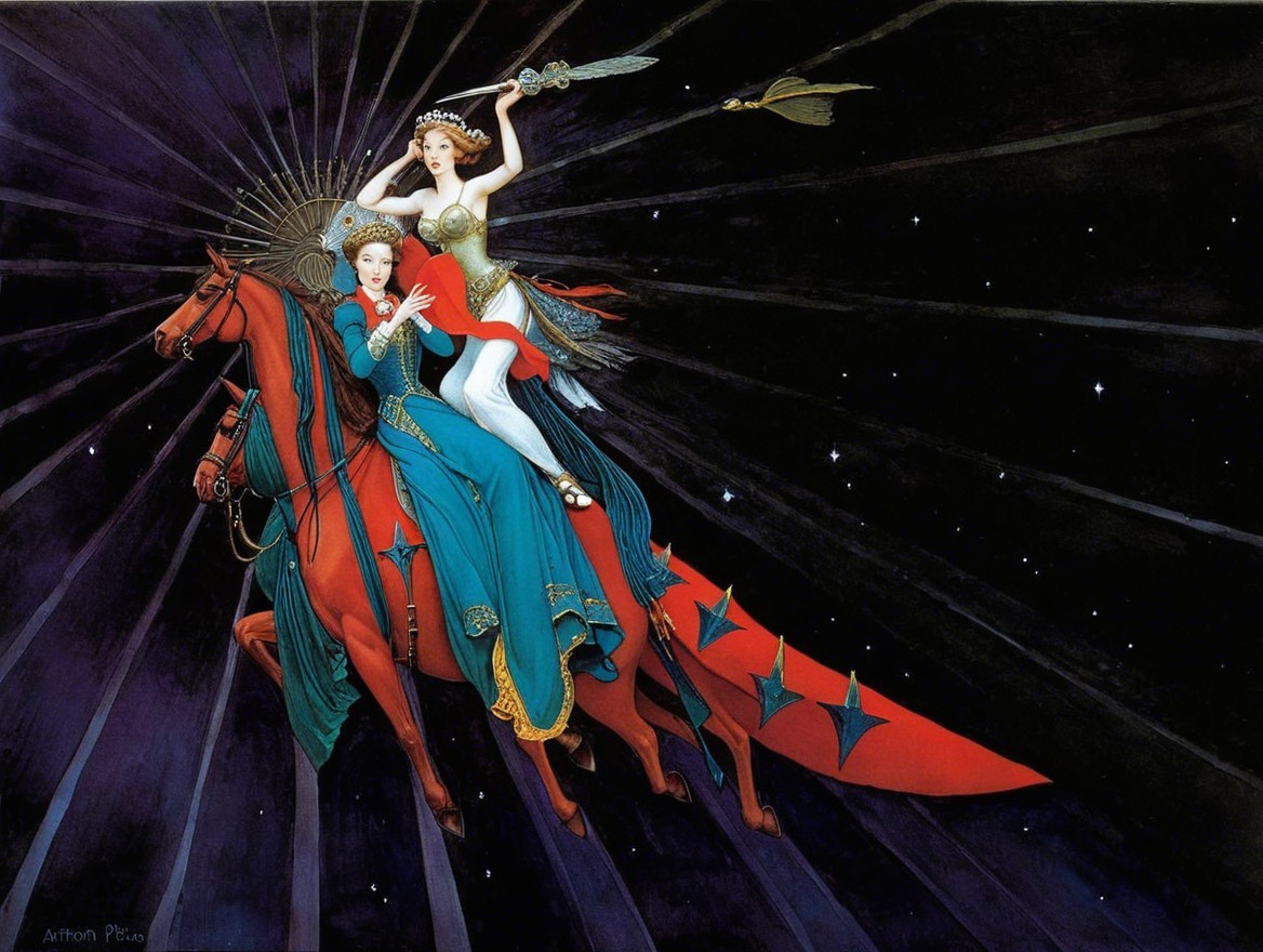 Elegantly Dressed Women on Red Horse in Starry Scene