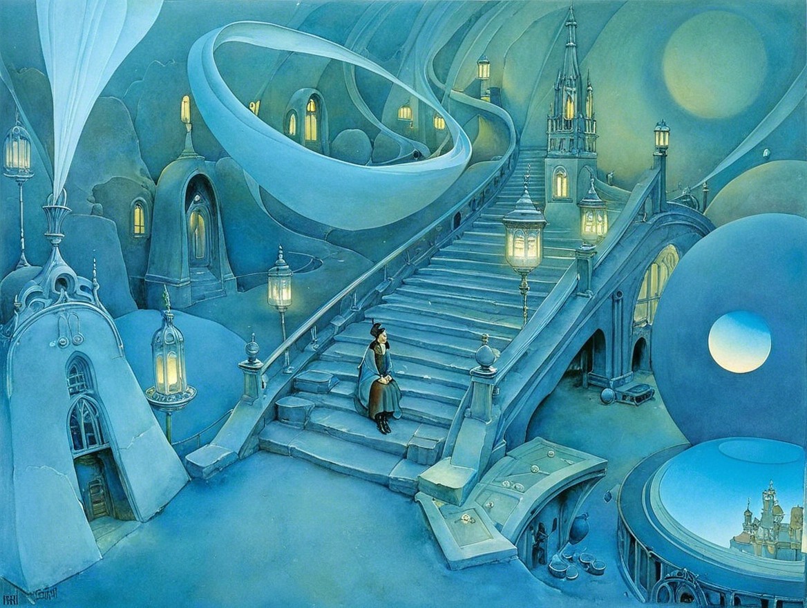 Surreal Dreamlike Landscape with Winding Staircase