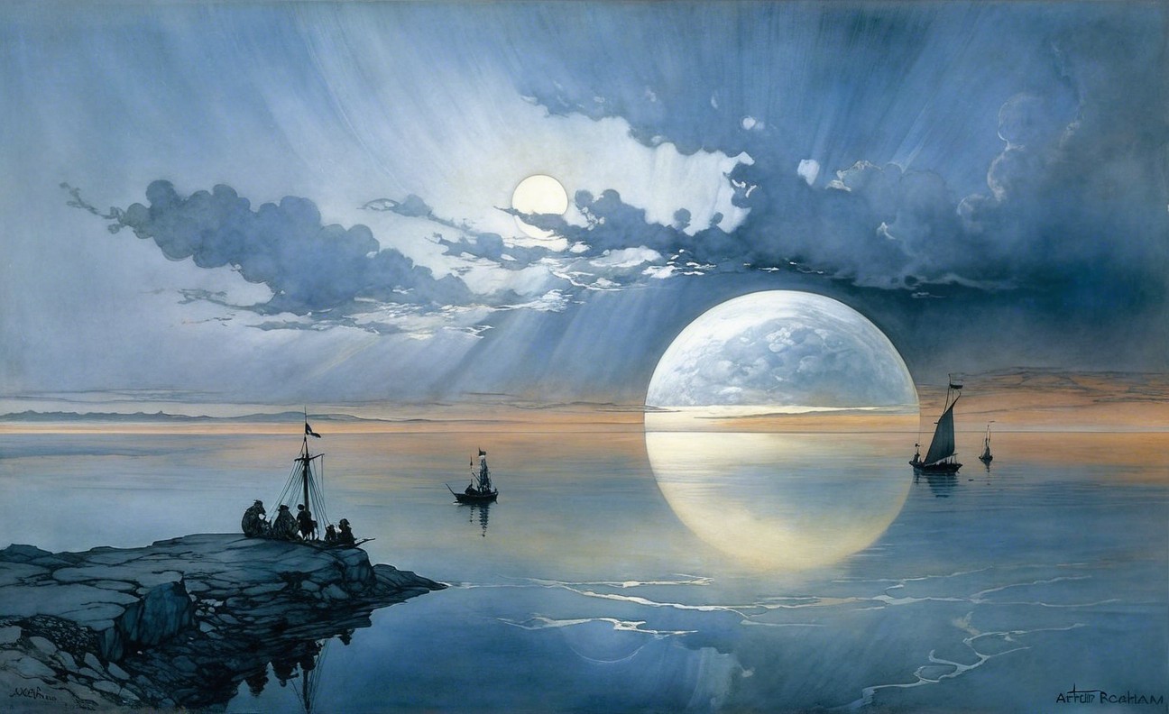 Serene Seascape with Moonlit Water and Sailboats