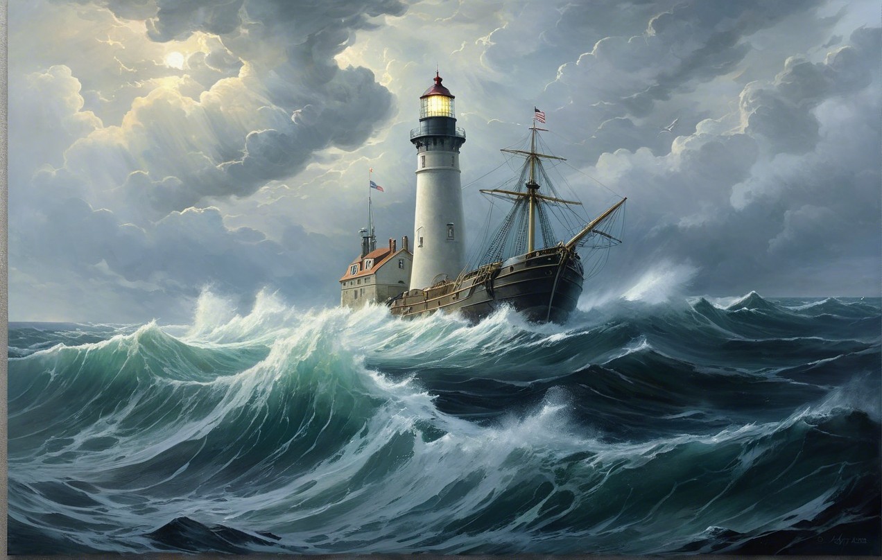 Dramatic Seascape with Lighthouse and Stormy Waves