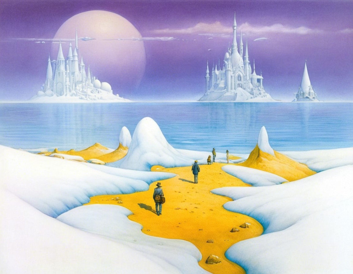 Surreal Landscape with Ice Castles and Golden Path