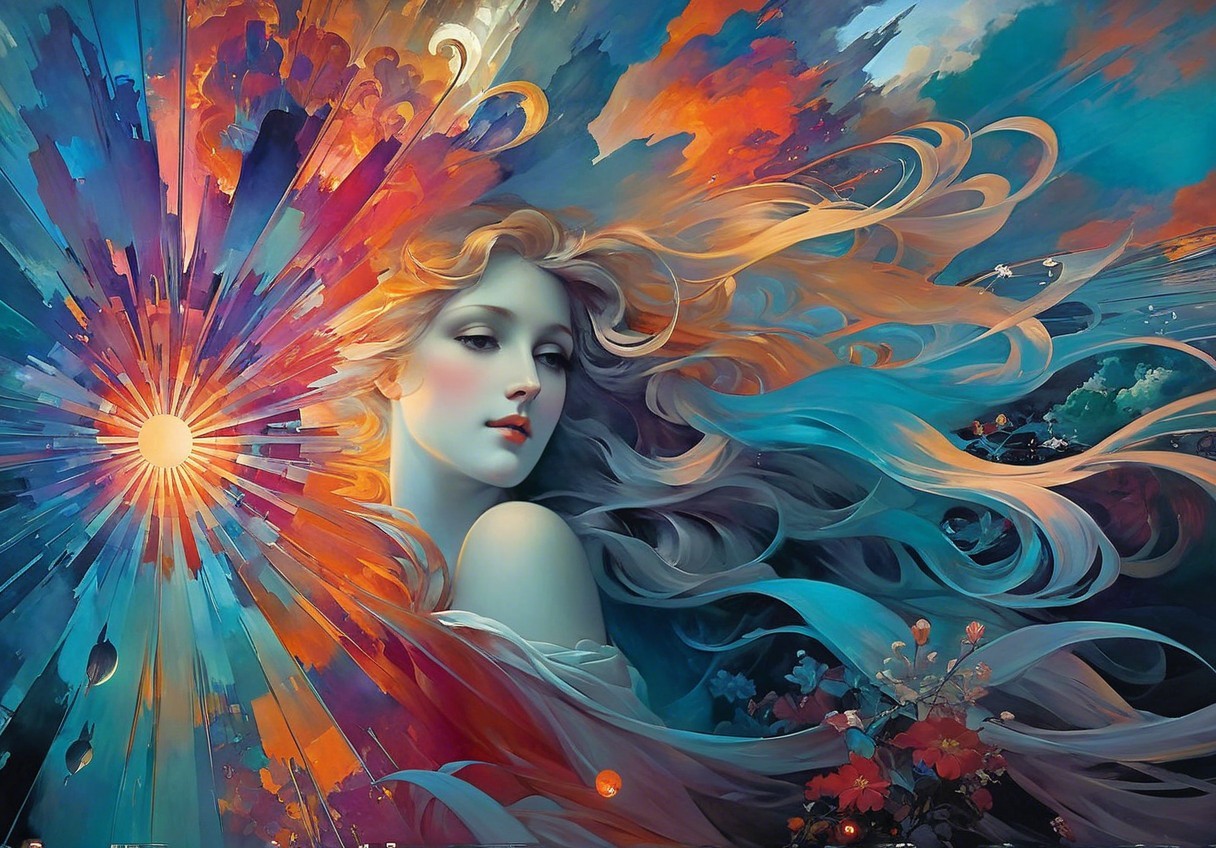 Serene Woman with Flowing Hair in Vibrant Colors