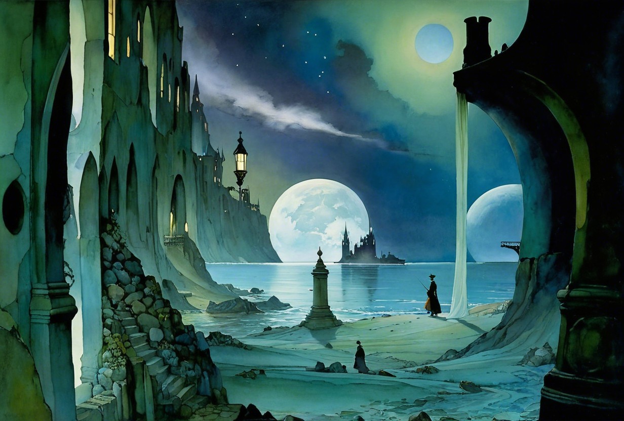 Surreal Twilight Landscape with Moons and Ruins