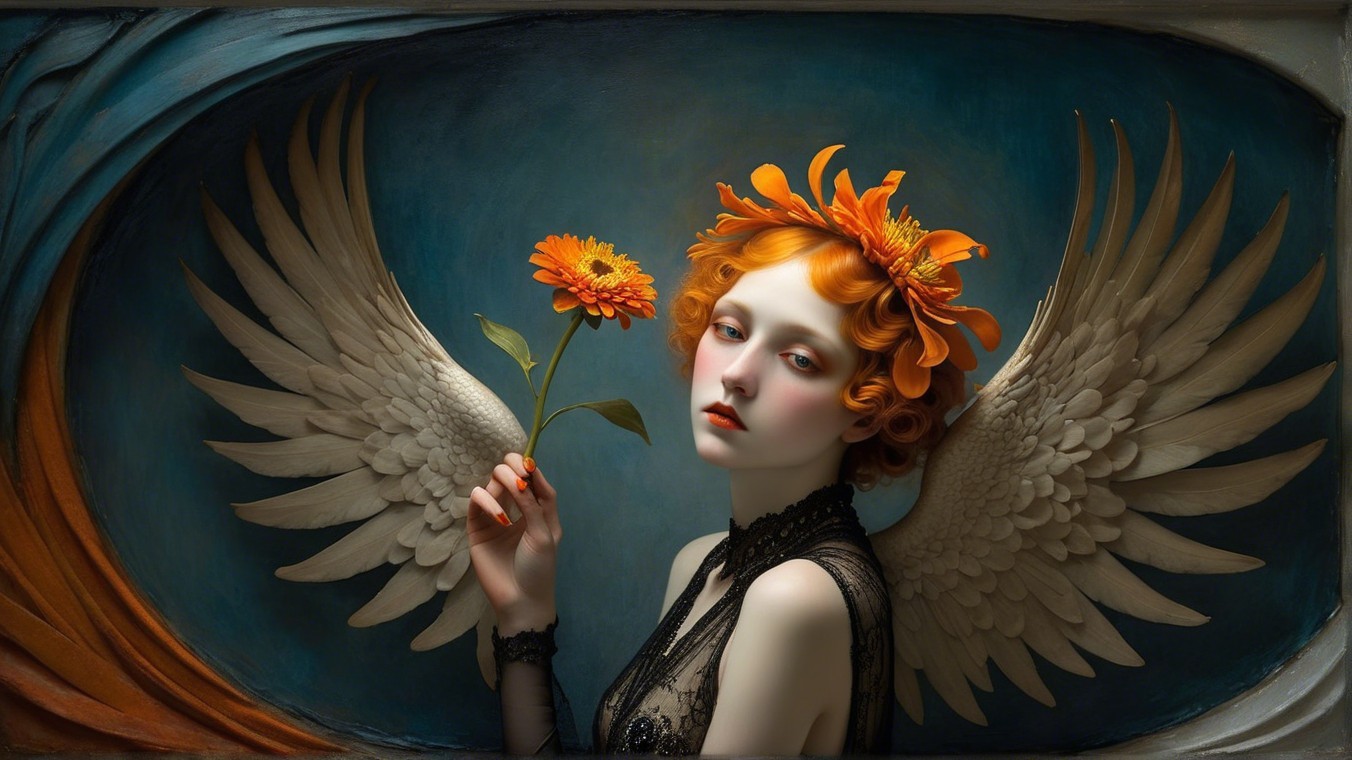 Ethereal Figure with Orange Curls and Wings