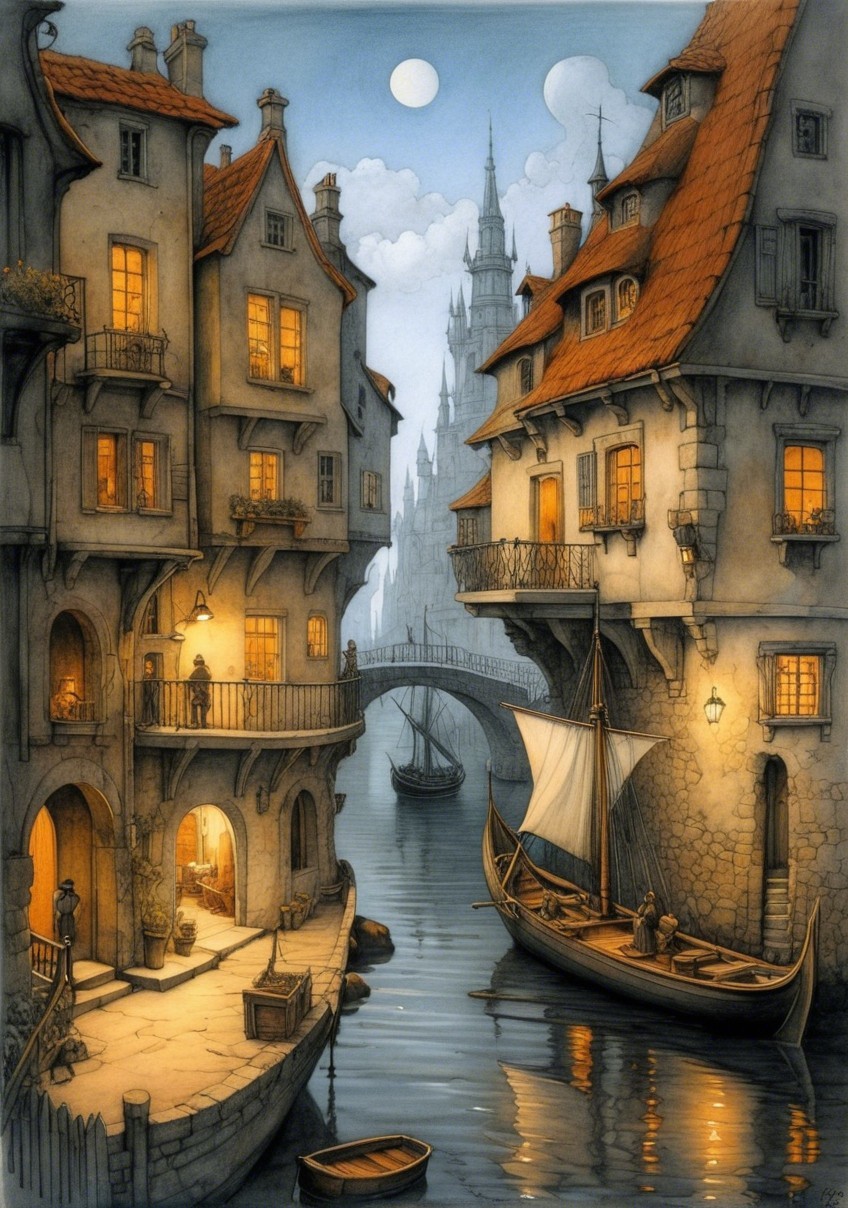 Twilight Scene of Old Town by a Tranquil Canal