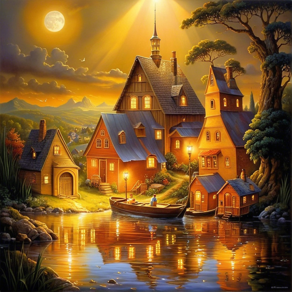 Twilight Village Scene by Waterway with Moonlight
