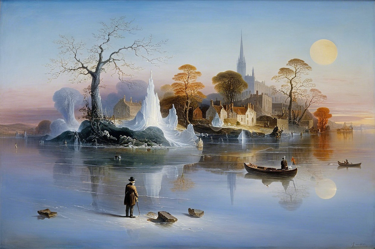 Winter Landscape with Frozen Lake and Village Spires