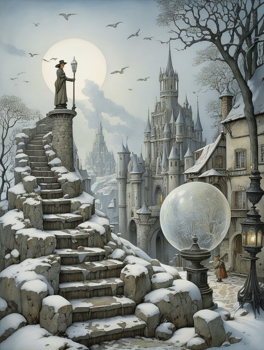 Mystical Winter Scene with Castle and Snowy Village