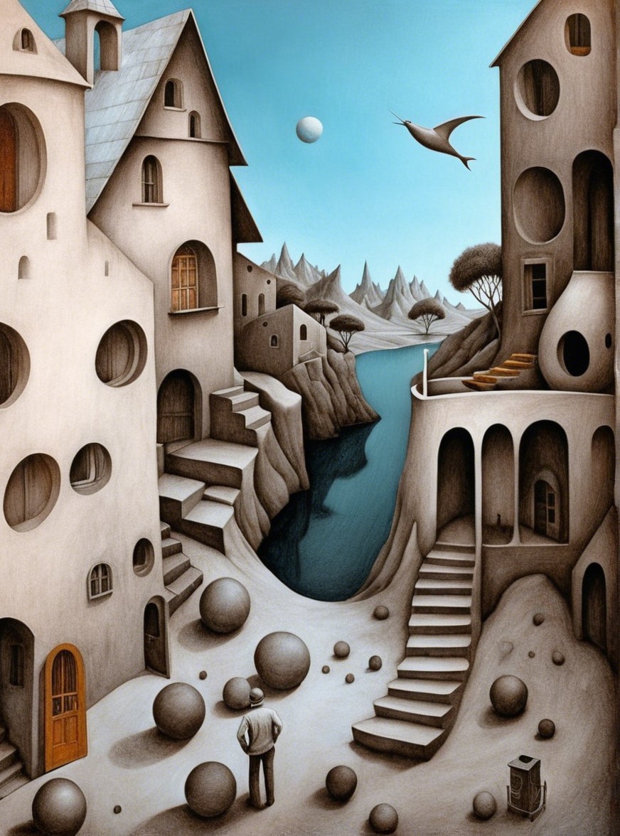 Surreal Landscape with Distorted Architecture and Spheres