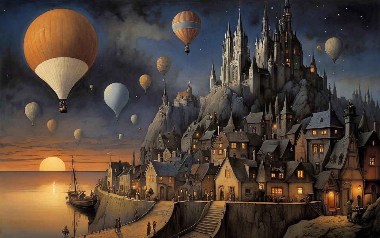 Twilight Scene of a Town with Castle and Balloons