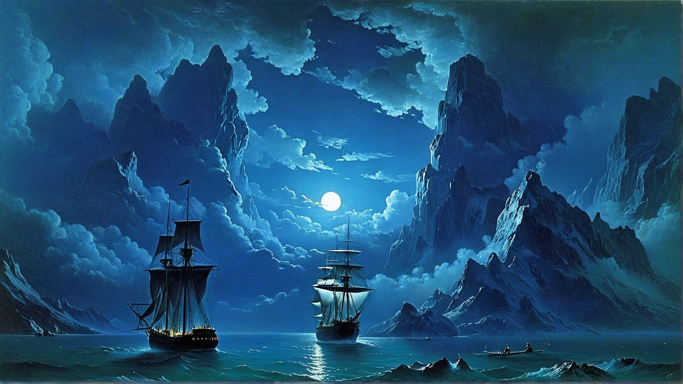 Moonlit seascape with ships and jagged mountains