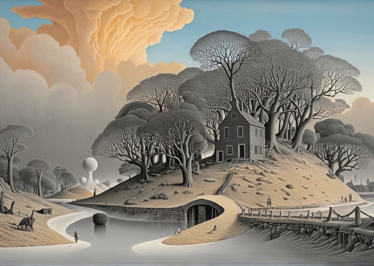 Serene landscape with stylized house and river