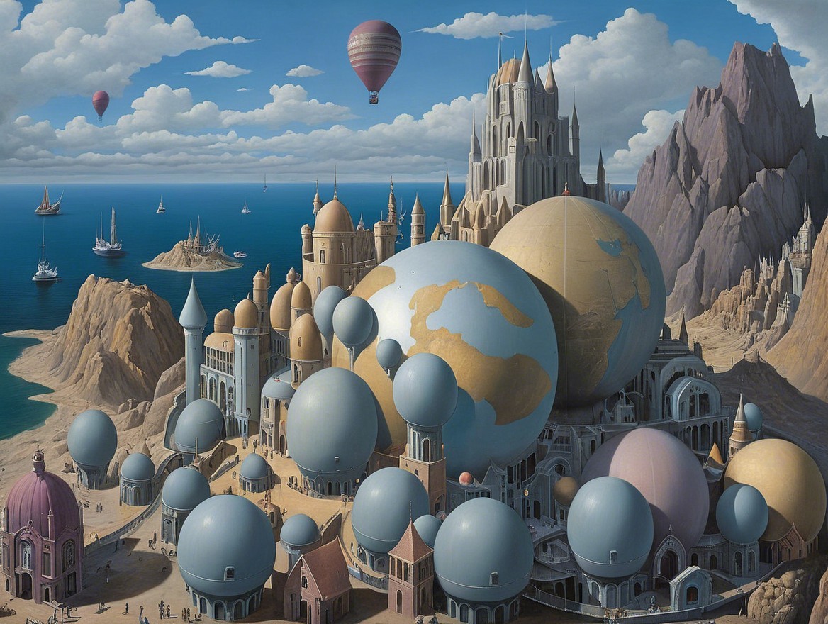 Surreal Cityscape with Colorful Spheres and Castles