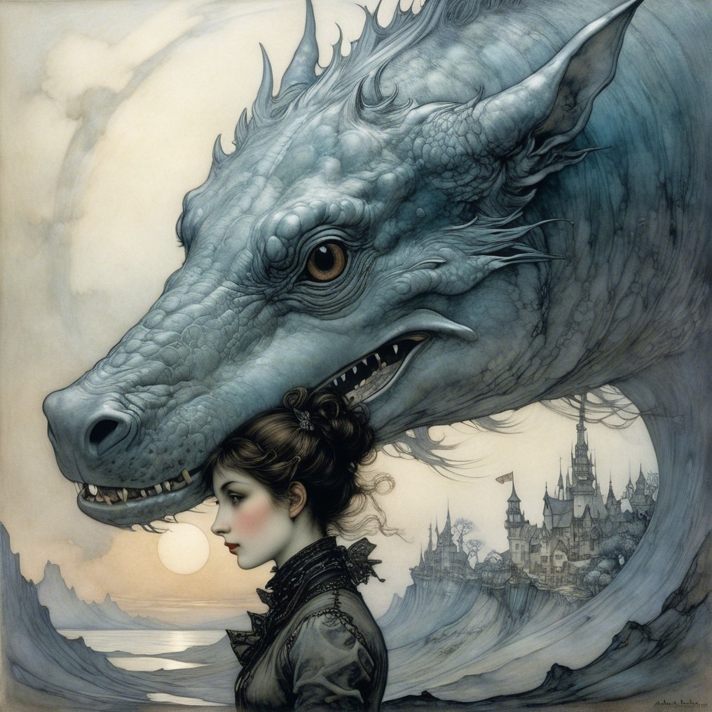 Profile of a Serene Woman with a Blue Dragon and Castle