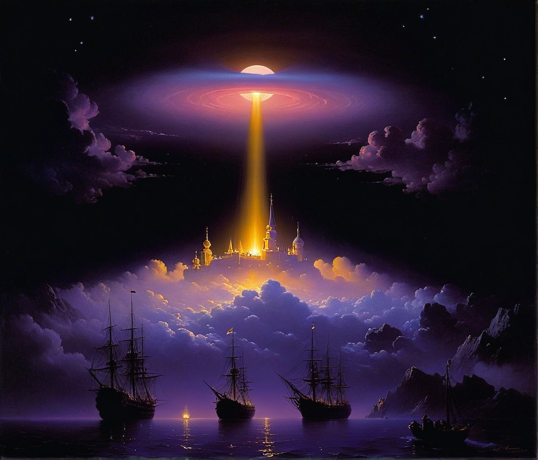 Mystical Landscape with Starlit Sky and Radiant City