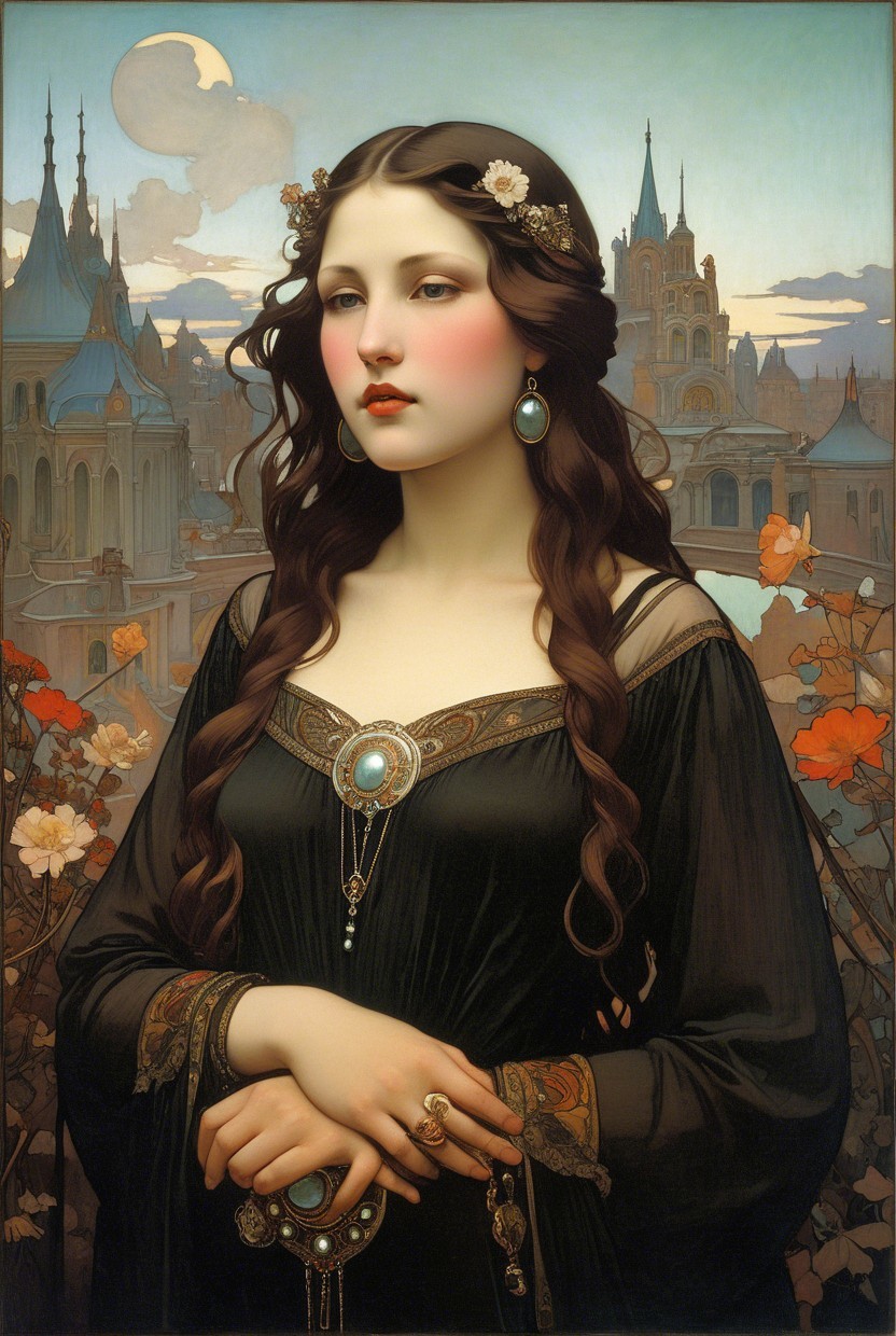 Young Woman in Black Gown Against Twilight Cityscape