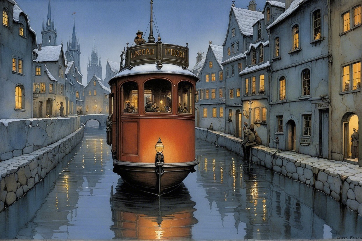 Vintage Tramboat on Serene Canal at Twilight