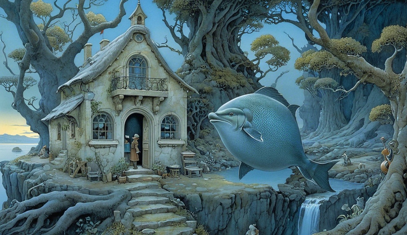 Whimsical Landscape with Cottage and Surreal Fish