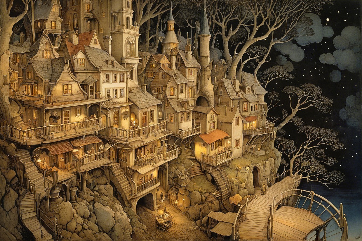 Whimsical Village on a Rocky Cliff Under Starlit Sky