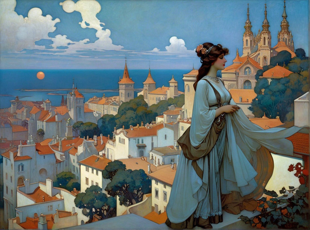 Serene Woman Overlooks Town at Sunset from Balcony