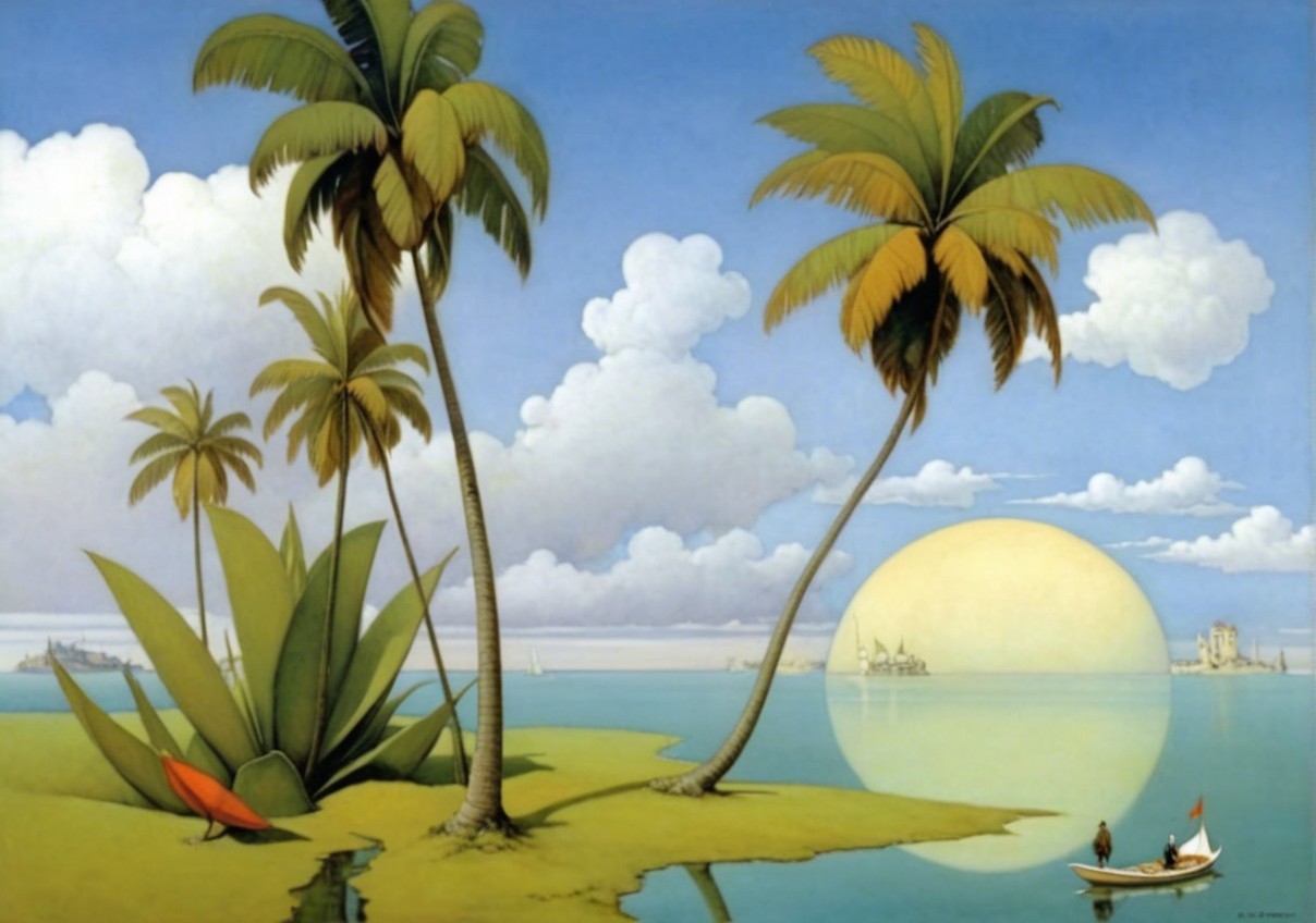 Serene Landscape with Palm Trees and Tranquil Waters