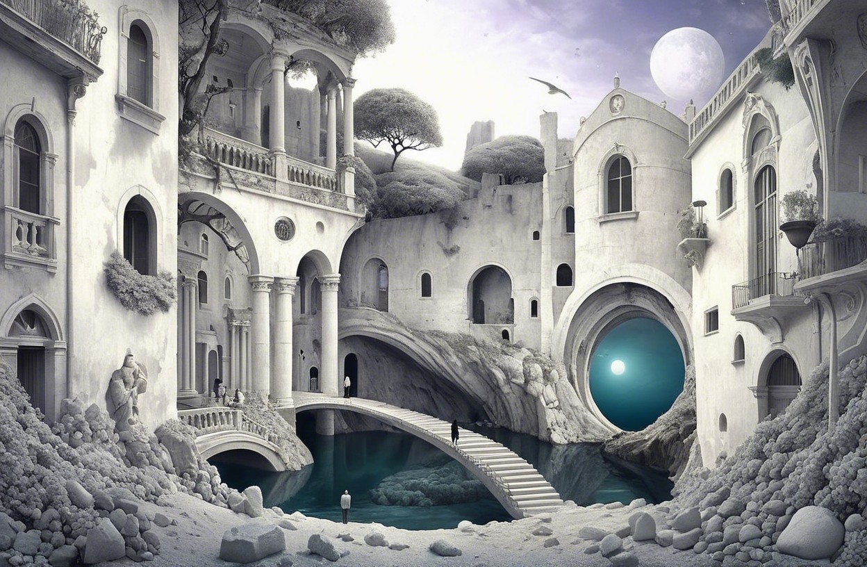 Surreal Landscape with Crumbling Architecture and Light