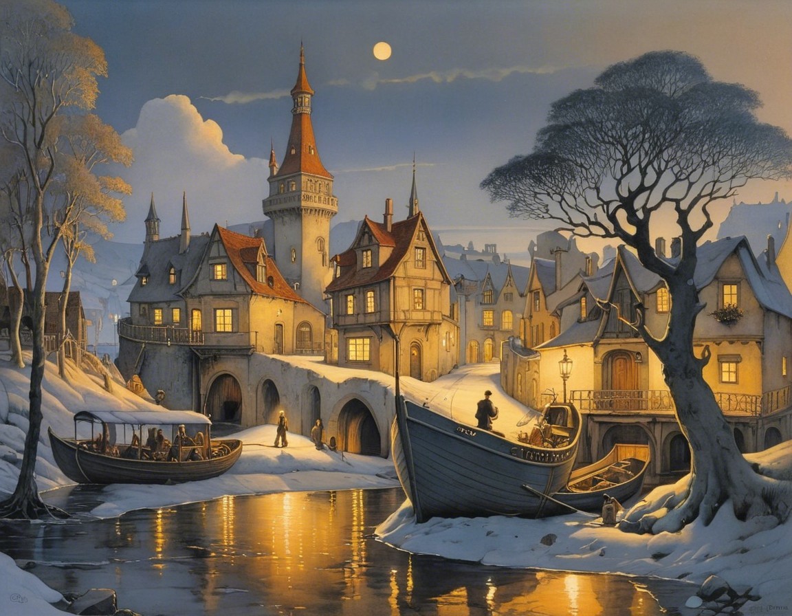 Winter Village Scene with Snow and Moonlight Reflection