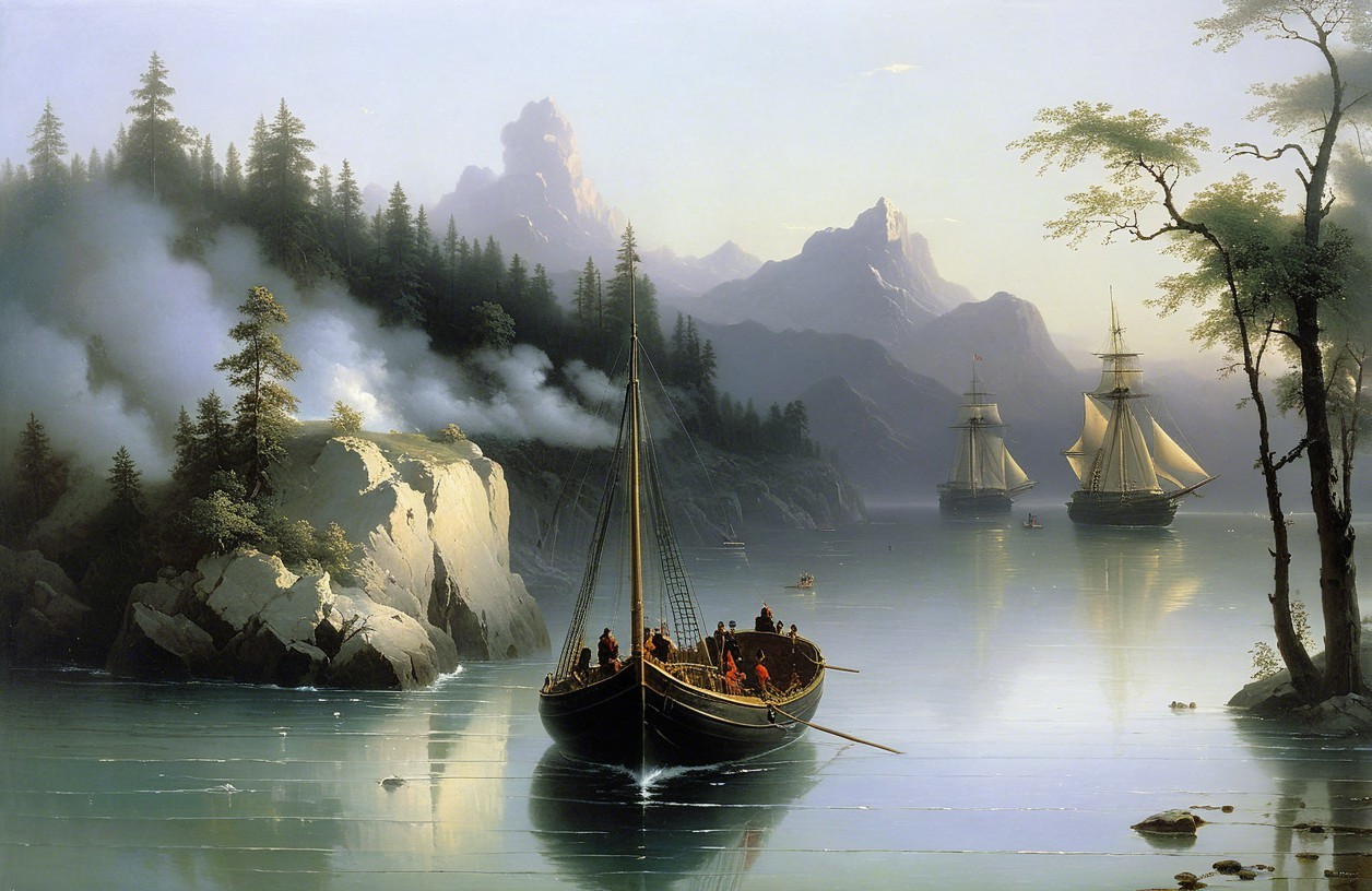 Serene Landscape with Water, Mountains, and Boats